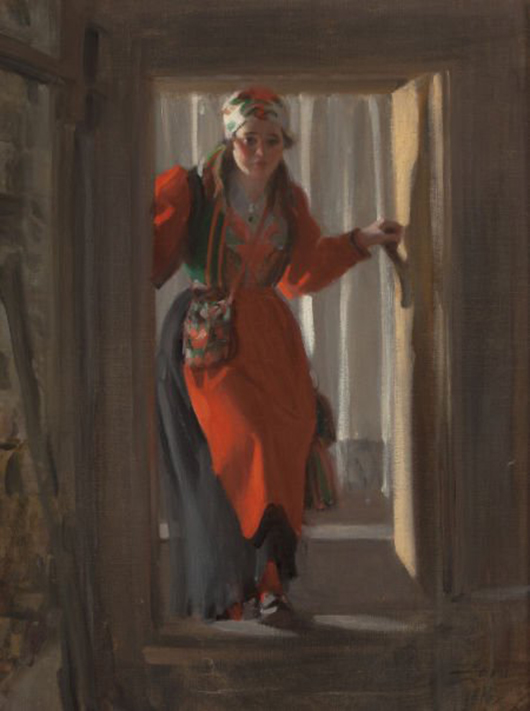 Anders Leonard Zorn (Swedish, 1860-1920) ‘Entering the Cellar,’ 1916, oil on canvas, 38 1/2 x 29 inches, signed and dated lower right: ‘Zorn / 1916.’ Estimate: $400,000-$600,000. Heritage Auctions image.