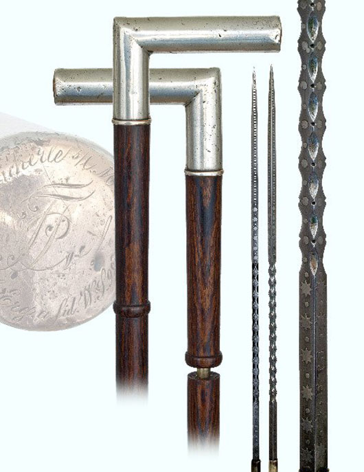 Sword cane, circa 1890, L-shape plain silver handle with 18K gold application on the nose and collar on a rosewood shaft with a horn ferrule. The jeweled and etched steel blade is signed ‘FTJ’ and ‘MAXIMUS.’ Estimate: $1,200-$1,800. Kimball M. Sterling Inc. image. 