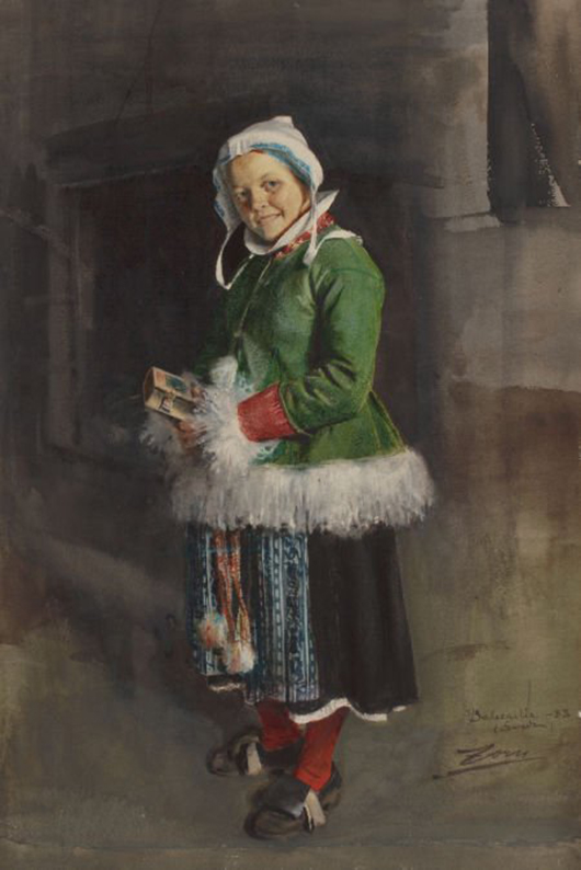 Anders Leonard Zorn (Swedish, 1860-1920) ‘Little Girl in Traditional Dress,’ 1883, watercolor on paper laid on board, 22 3/4 x 15 inches, signed, dated and inscribed lower right: ‘Dalecarlia-83 / (Sweden) / Zorn.’ Estimate: $50,000-$70,000. Heritage Auctions image.