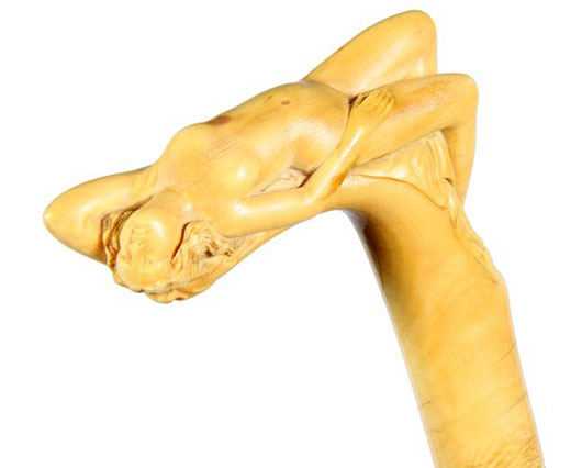 European ivory nude cane, circa 1840, pristine carving of the female form done in great detail, original patina, ornate gold-filled collar, malacca shaft and a horn ferrule. Estimate: $4,000-$5,000. Kimball M. Sterling Inc. image. 