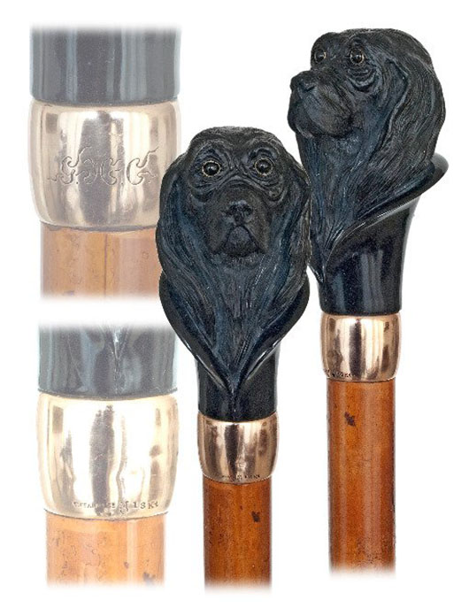 Hard stone figural cane, circa 1900, black onyx knob cut in the shape of a dog head with 18K yellow gold collar struck with the hallmarks ‘TIFFANY & Co M and 18Kt,’ malacca shaft with a horn ferrule. Estimate: $8,000-$10,000. Kimball M Sterling Inc. image.