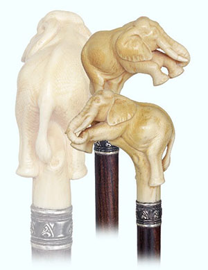 Spectacular elephant cane, circa 1880, substantial ivory knob carved in fine and naturalistic detail as a full-bodied elephant on a tree trunk. It is on a rosewood shaft with silver collar and a stag horn ferrule. Estimate: $3,000-$4,000. Kimball M. Sterling Inc. image.