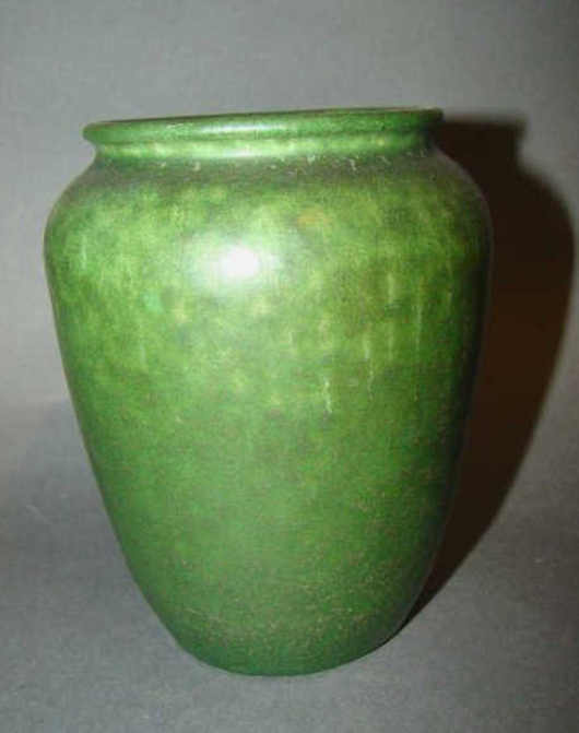Grueby pottery vase matte green, 6 inches high, unsigned. Estimate: $400-$600. T A C Estate Auctions Inc. image.