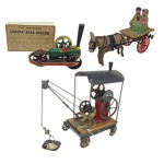 Roller, $3,000-$4,000; circa-1899 Steam Crane, $2,000-$3,000; Galloping Donkey, $1,200-$1,600. Old Toy Soldier Auctions image.