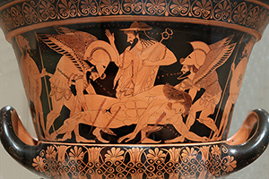 Detail of the decoration on the famous Euphronios Krater, which was once in the collection of the Metropolitan Museum of Art. Image by Jaime Ardiles-Arce. Courtesy of Wikimedia Commons.