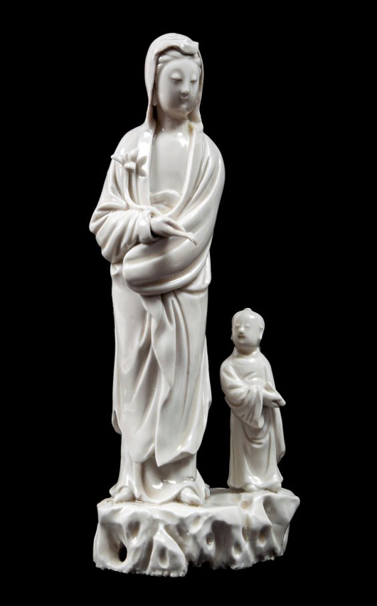 Chinese blanc de Chine figure of Guanyin, 17th century, finely modeled with a serene expression, flanked by the acolyte Shancai who holdsa tablet, 25.5 cm (10 1/4 inches) high. Estimate: £4,000-£6,000. Dreweatts & Bloomsbury Auctions image.