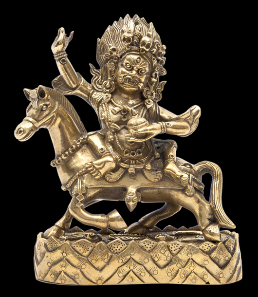 Tibeto-Chinese gilded copper figure of Palden Lhamo (Shri Devi) on horseback, 18th century, her right raised in vitarkamudra. Estimate: £3,000-£5,000. Dreweatts & Bloomsbury Auctions image.