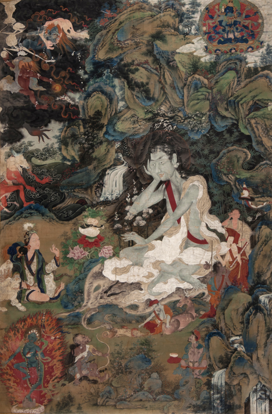Thangka embroidered picture of a yogi, 127 by 86 cm (50 3/4 inches by 34- 1/2 inches). Estimate £60,000-£80,000. Dreweatts & Bloomsbury Auctions image.