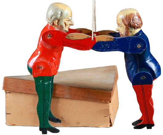 The two papier-mache and wood figures wrestling with the help of some strings depict 19th-century politicians who couldn't agree on anything. The toy and original box sold for $180 at Jackson's Auctions in Cedar Falls, Iowa. Most people today would not recognize the pair, Disraeli and Gladstone, as famous British politicians during the reign of Queen Victoria.