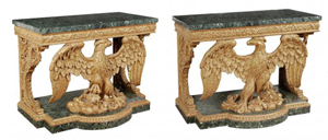 Pair of carved giltwood and marble mounted console tables, in George II style, 18th century and later. Estimate: $30,000-$50,000. Dreweatts and Bloomsbury image.