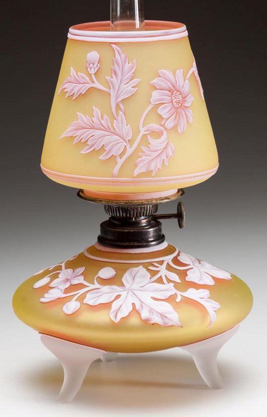 Lot 1A: English cameo miniature lamp, attributed to Stevens & Williams. Price realized: $14,950. Jeffrey S. Evans & Associates image.