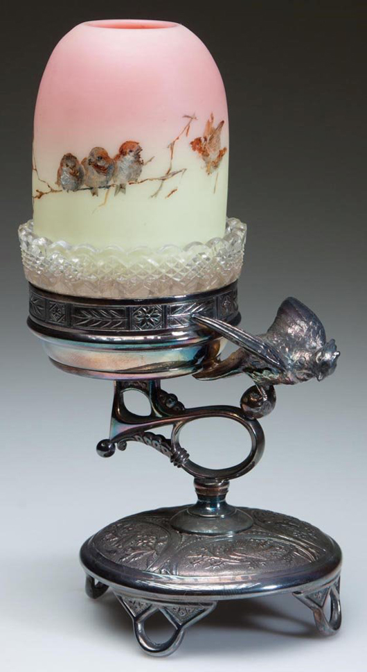 Lot 328: Webb Burmese fairy lamp, pyramid-size dome with birds-on-branch decoration, Pairpoint quadruple-plate stand. Price realized: $2,070. Jeffrey S. Evans & Associates image.