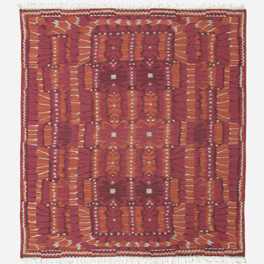 Lot 135 – Barbro Nilsson, Carnations carpet. Estimate: $40,000-$60,000. Wright image.