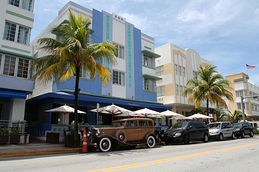 Art Deco-inspired architecture on Ocean Drive in Miami Beach, Florida, home to Art Basel. Photo by Massimo Catarinella, licensed under the Creative Commons Attribution-Share Alike 3.0 Unported license.