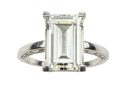 Rectangular-step emerald-cut Diamond ring of 5.34 carats. Estimate: £23,000-£28,000. Silverstone Auctions image.