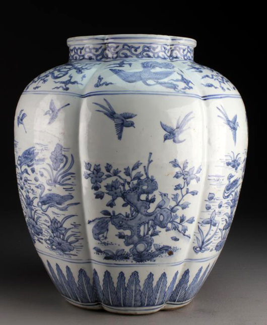 Ming Dynasty blue and white porcelain vase. Midwest Auction Galleries image. 