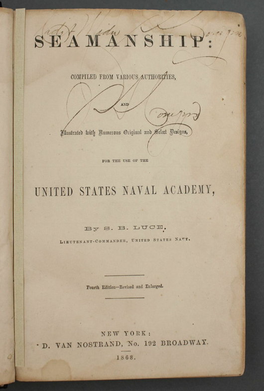 Title page from 1868 textbook on seamanship that was owned and signed by James Henry Conyers, first African American cadet enrolled at the US Naval Academy, Annapolis, Maryland. Est. $3,000-$5,000. Waverly’s image.