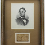 Engraved portrait of Abraham Lincoln framed together with 1865 handwritten note in authorizing passage through Union lines toward Richmond. Est. $3,500-$4,500. Waverly’s image.