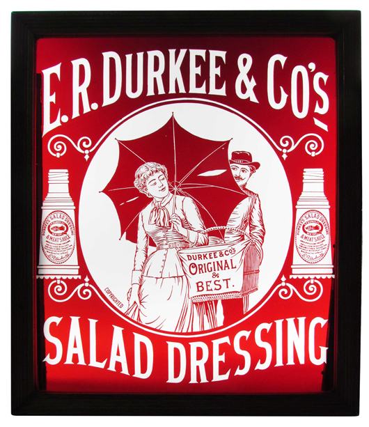 E.R. Durkee & Co. salad dressing etched glass window attributed to Dorflinger Glass. Price Realized: $27,000. Showtime Auction Services image.
