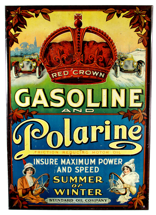 Red Crown Gasoline, and Polarine, self-framed beveled edge tin-over-cardboard sign. Price realized: $15,960. Showtime Auction Services image.
