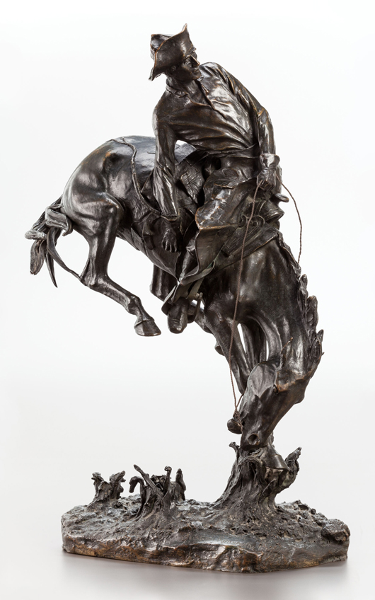Frederic Remington (American, 1861-1909), ‘The Outlaw #5,’ bronze with dark brown patina, 23-1/4 x 14 x 8 inches, numbered no. 5 beneath the base, inscribed on base: ‘Copyrighted / Frederic Remington,’ foundry mark on base: ‘Roman Bronze Works,’ copyrighted May 3, 1906. Estimate: $800,000-$1.2 million. Heritage Auctions image.