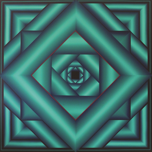 George Snyder (b. 1951-) abstract optical painting measuring 67.5 inches square, titled ‘Lush Life,’ $5,100. Palm Beach Modern Auctions image