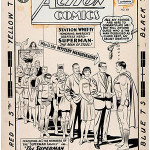 Curt Swan original cover art for Action Comics #309 featuring Superman family and JFK disguised as Clark Kent. Probably the only remaining original art from this controversial issue, which came out the week after President Kennedy’s assassination. Estimated at $50,000-$75,000, it sold for $112,015. Photo: Hake’s Americana & Collectibles
