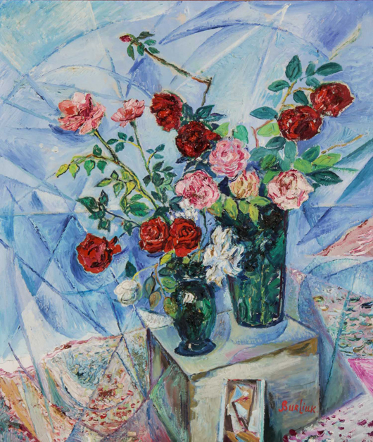271: David Burliuk (American/Ukrainian, 1882-1967), ‘Roses’ (Radio Style), circa 1950s, oil on canvas, 28 inches x 24 inches. Estimate: $65,000-$75,000. Material Culture image.