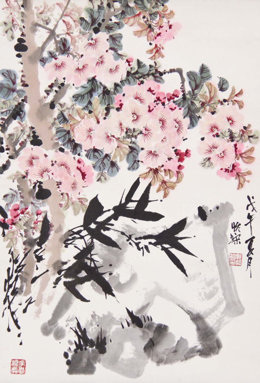 Lot 330: Guo Yicong (Chinese, 1940) contemporary scroll painting (Plum Blossom), signed, inscribed, 27 inches x 18 inches (image), 66 inches x 24 inches (overall). Estimate: $1,500-$2,500. Material Culture image.