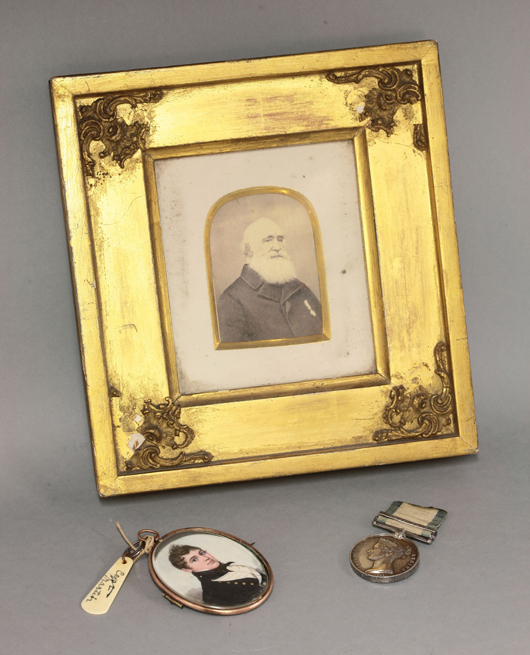 Victorian Naval General Service medal awarded to midshipman William Martin, plus miniature portrait and photograph. Sworders’ image.  