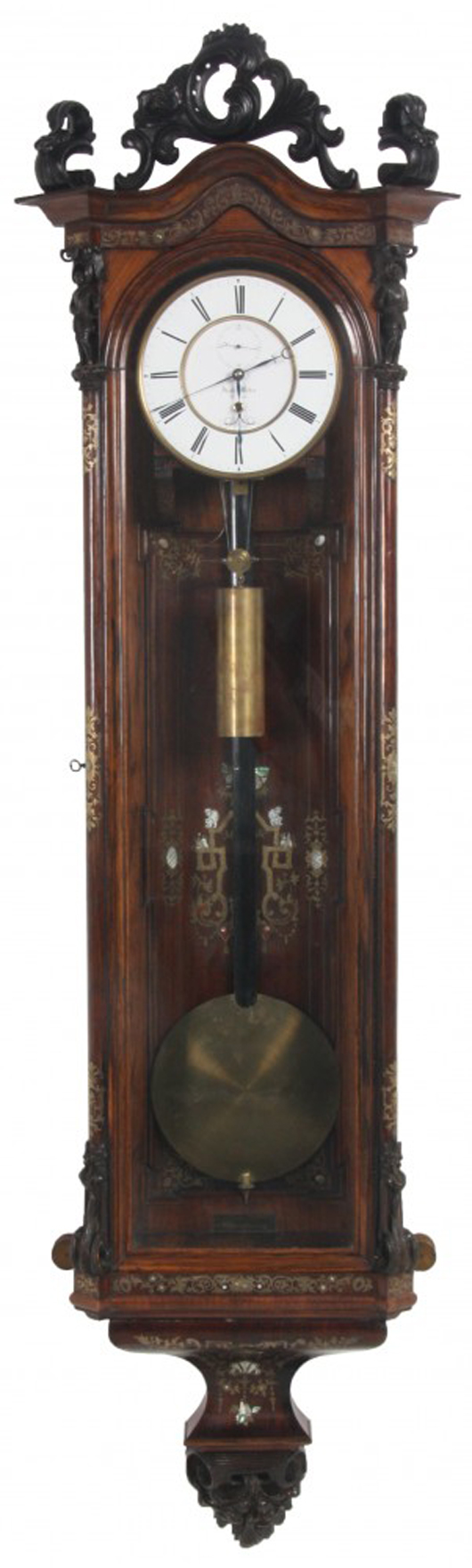 Inlaid rosewood Vienna regulator, 73 inches tall, with black Roman numerals and dial signed ‘Jacob Weber’ (est. $20,000-$25,000). Fontaine’s Auction Gallery image.