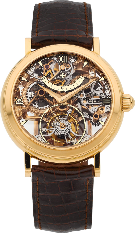 Vacheron Constantin rare skeletonized pink gold twin barrel one-minute Tourbillon with power reserve, 18k pink gold. Estimate: $50,000-$75,000. Heritage Auctions image.