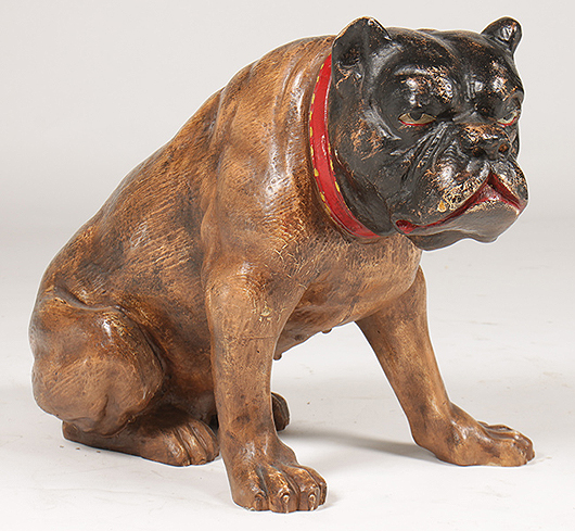 Lot 100 - Carved wooden English bulldog with original polychromed finish circa 1930. Kamelot Auction House image.