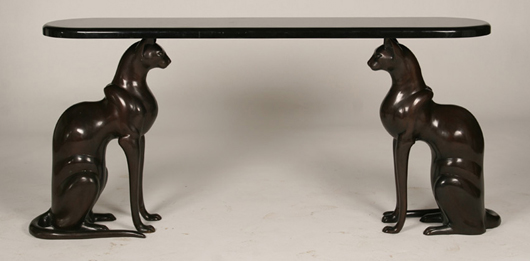 Lot 505 - Art Deco style console table with stylized bronze cats. Kamelot Auction House image.
