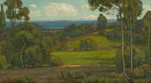 This Santa Barbara coastal view by William Wendt, acknowledged dean of Southern California impressionists, earned a selling price of $72,000 (estimate: $50,000–$70,000). John Moran Auctioneers image.