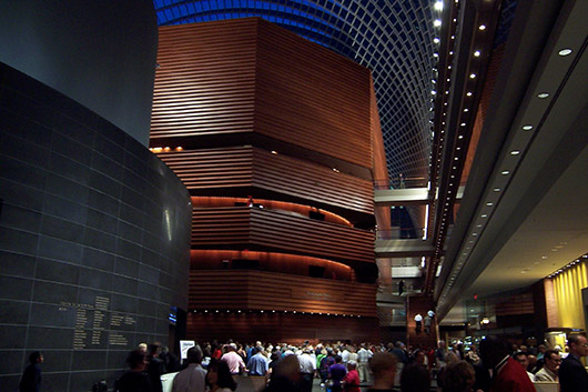 Interior view of Philadelphia's Kimmel Center for the Performing Arts at night. Photo by Wasted Time R.