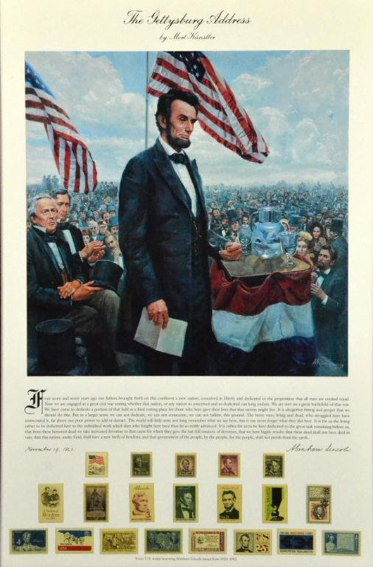 A framed 'The Gettysburg Address' offset lithograph by Mort Kunstler. Image courtesy of LiveAucitoneetrs.com and Midwest Auction Galleries Inc.