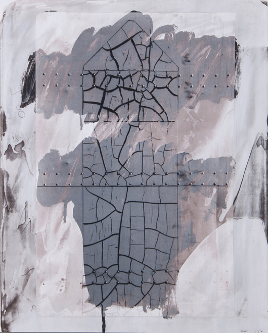 Robert Rauschenberg (1925-2008), ‘Cracked Surface and Rivets I,’ (from the Bleacher Series), 1989, unique bleached Polaroid mounted on aluminum, signed and dated in white ink in the margin. Estimate: £20,000–£25,000. Dreweatts & Bloomsbury image.
