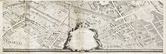 Lot 143: [Plan de Turgot] Bretez, Louis. Plan de Paris. Paris, 1739. First edition of famed bird's-eye view map, on 21 sheets. Sold for $12,500. Leslie Hindman Auctioneers image.