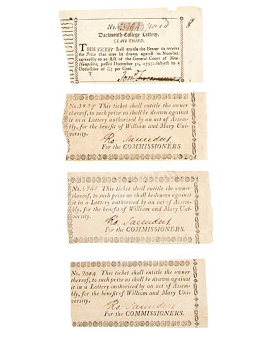 Lot 50: group of 29 early American lottery tickets for universities, 1753-1814. Sold for $6,250. Leslie Hindman Auctioneers image.
