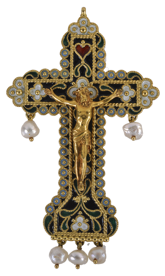 Late 19th century Renaissance Revival enamel crucifix pendant by Carlo Giuliano, circa 1880, the black enameled cross with rope-twist and bead detail and suspending baroque pearls, 6.6cm long. Estimate: £3,000–£5,000. Dreweatts & Bloomsbury image.
