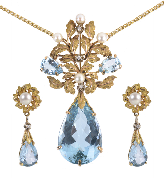 Aquamarine pendant and en suite ear clips by Scortecci, the detachable pendant set with a pear-cut aquamarine, estimated to weigh 61 carats. Estimate: £7,000-£10,000. Dreweatts & Bloomsbury image.