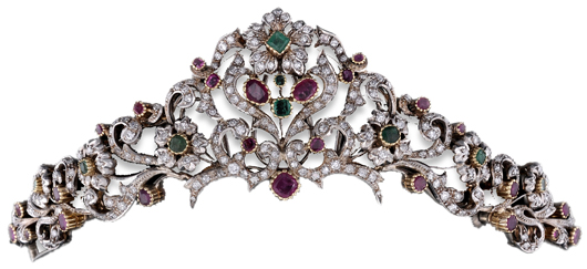 Ruby, diamond and emerald tiara-necklace by Scortecci, circa 1961. Estimate: £8,000-£12,000. Dreweatts & Bloomsbury image.