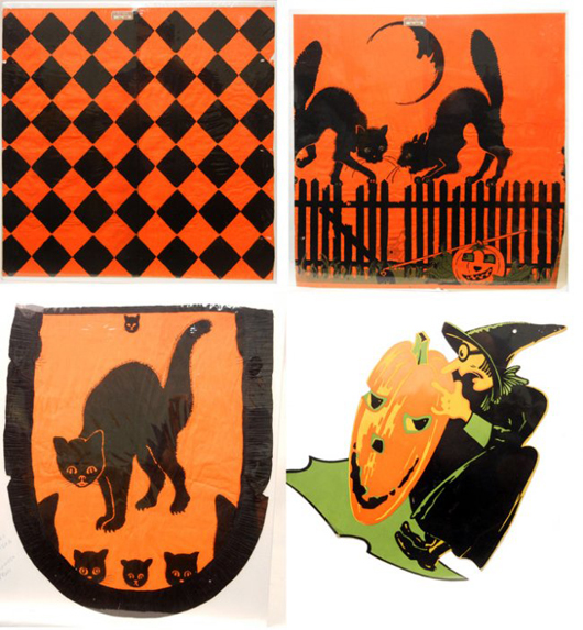 Examples from a selection of 1920s-1940s Dennison Halloween decorations. Grouping includes coveted salesmen’s samples. Stephenson’s image.