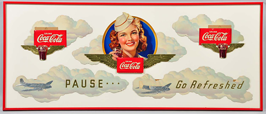 Rare 1941 Coca-Cola aviation festoon, 69 x 29in framed, est. $7,500-$10,000. Morphy Auctions image.
