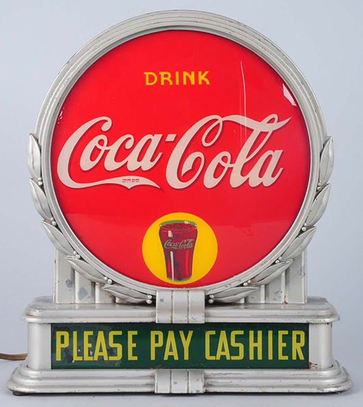 1932 Coca-Cola illuminating counter sign manufactured by Brunhoff, 14in, est. $4,500-$7,500. Morphy Auctions image.