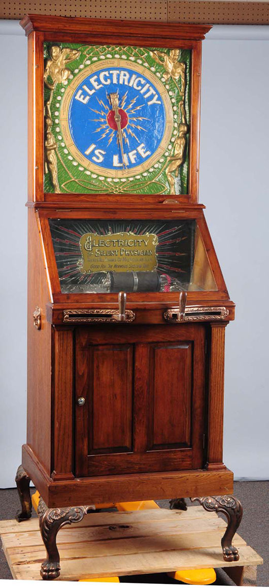 Mills novelty ‘Electricity Is Life’ arcade machine, 77½in tall, est. $11,000-$15,000. Morphy Auctions image.