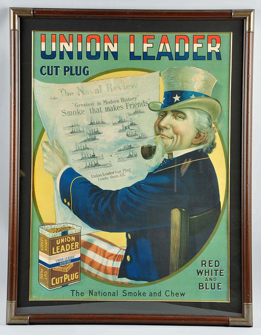 Union Leader Cut Plug Tobacco cardboard sign, 42½ x 32¾in framed, est. $4,000-$8,000. Morphy Auctions image. 