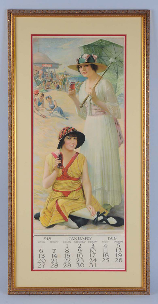 1918 Coca-Cola calendar, matted and framed under glass, est. $5,000-$7,000. Morphy Auctions image.