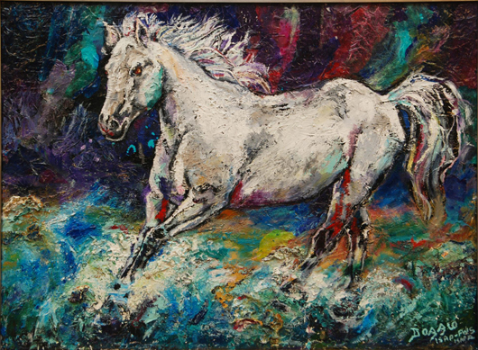 Bonded acrylic on canvas by Judith Dazzio (b. 1942), titled ‘Wild Passion,’ 30 inches by 40 inches. Price realized: $13,915. Elite Decorative Arts image.